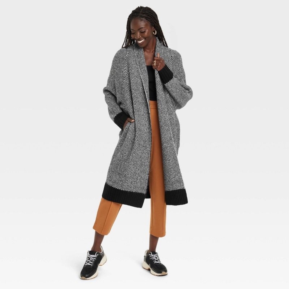 Women's Coatigan Sweater - A New Day Black Herringbone
